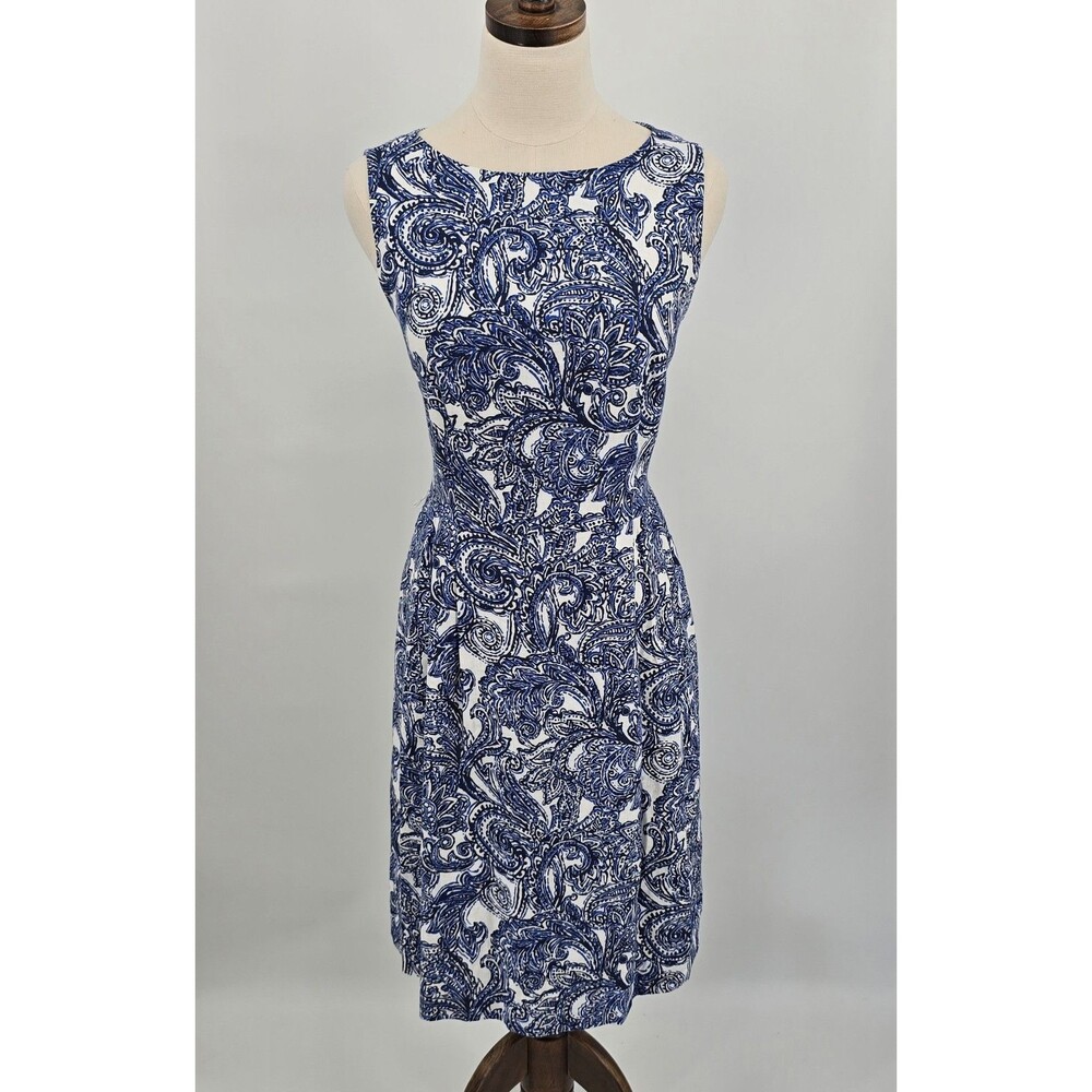 Anne Klein A line Dress Women's 6 White Blue Paisley Print Linen Blend Pockets - Picture 2 of 7